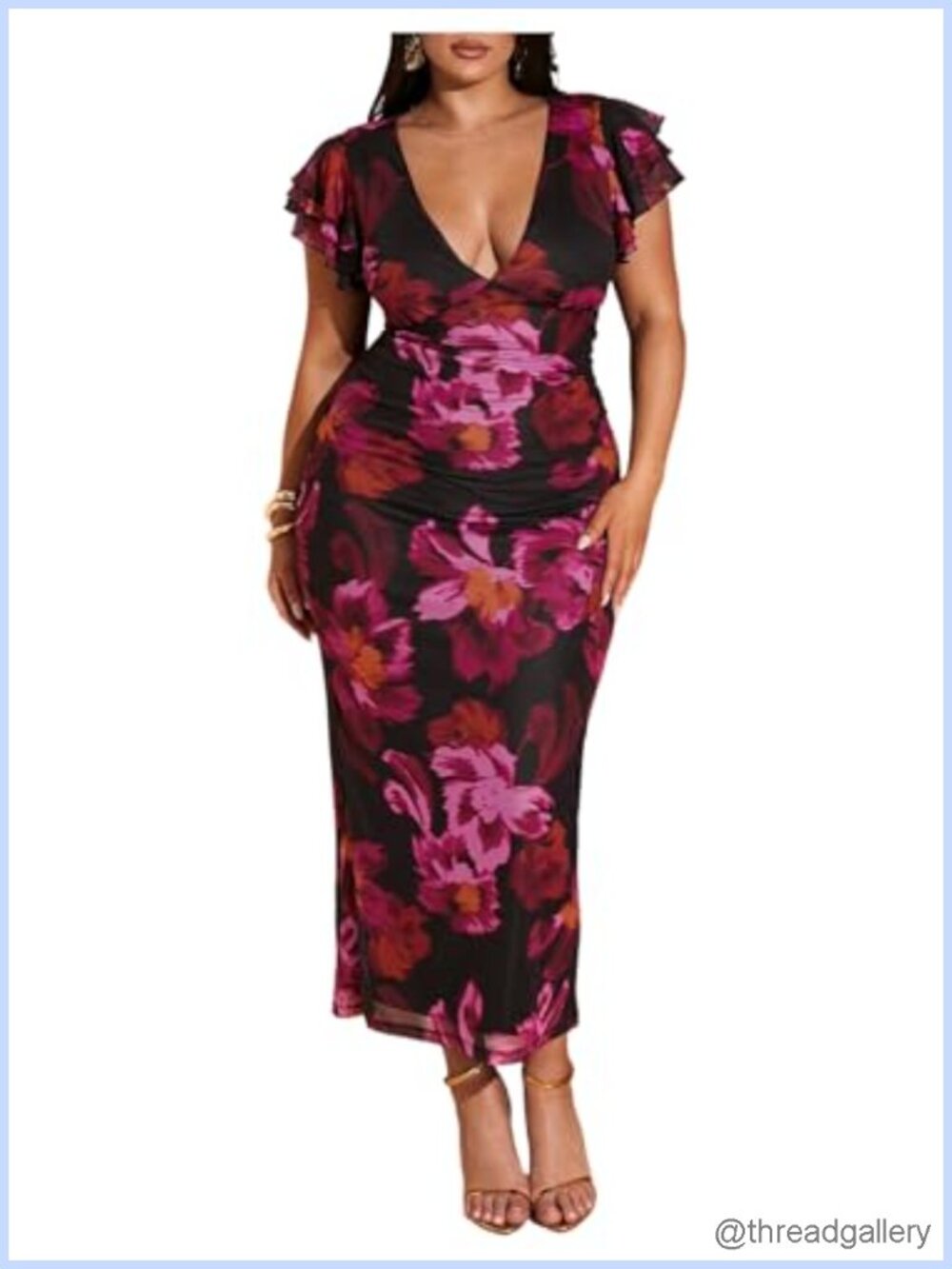 Plus Size Floral Maxi Dress V-Neck Short Sleeve Slim Fit Bodycon Party